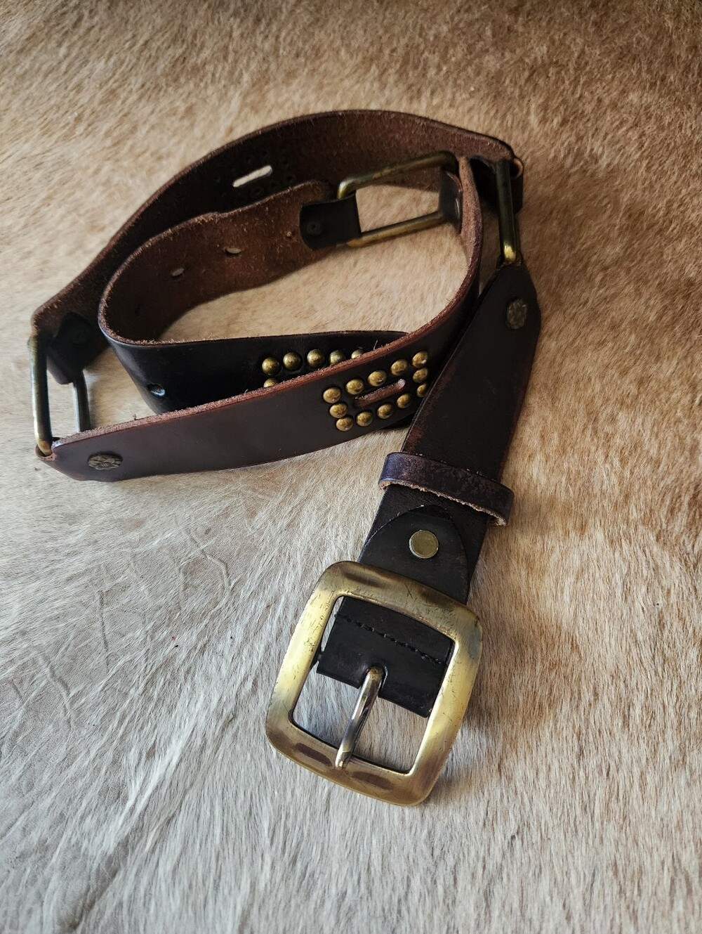 Y2K Genuine Leather Brown Studded Belt Brass Buckle Boho